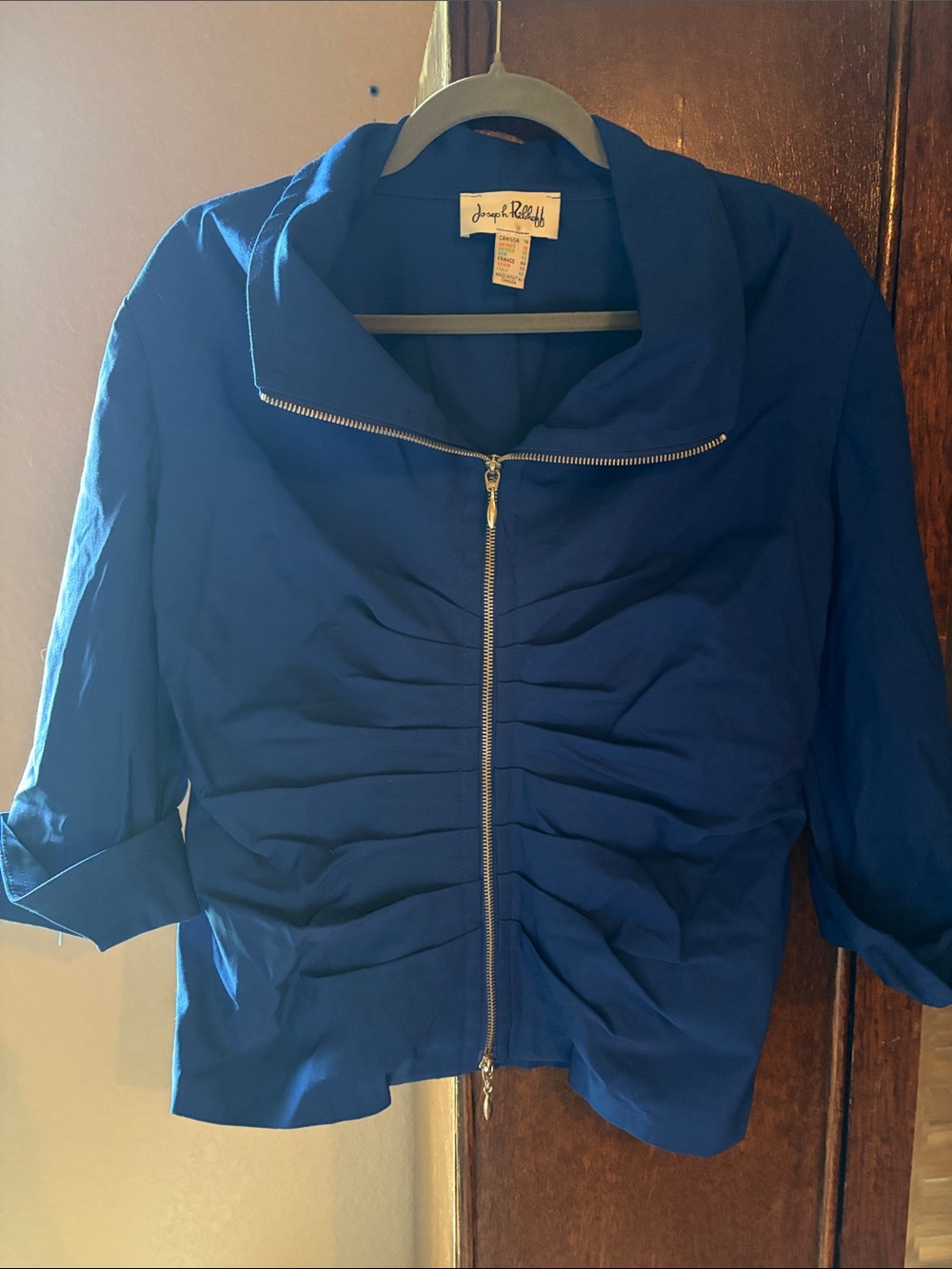 Joseph Ribkoff Cobalt Blue Ruched Zip-Front Jacket size 14